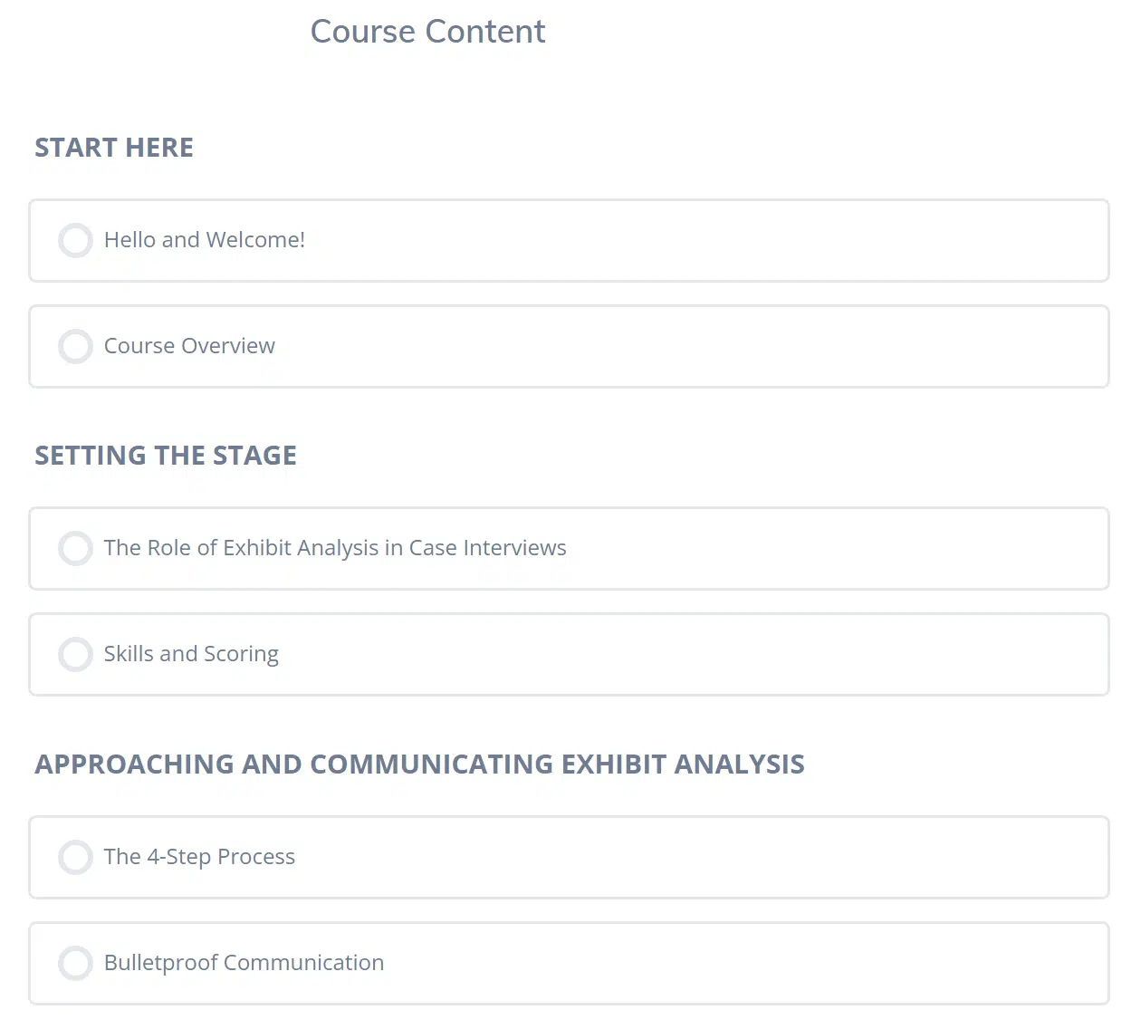 overview of the video course content of the case interview chart interpretation course