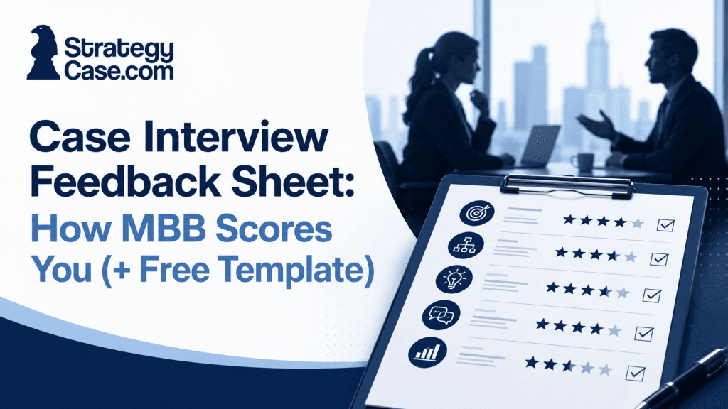 Case interview feedback sheet with star ratings and evaluation criteria, illustrating how MBB firms score candidates during consulting case interviews.