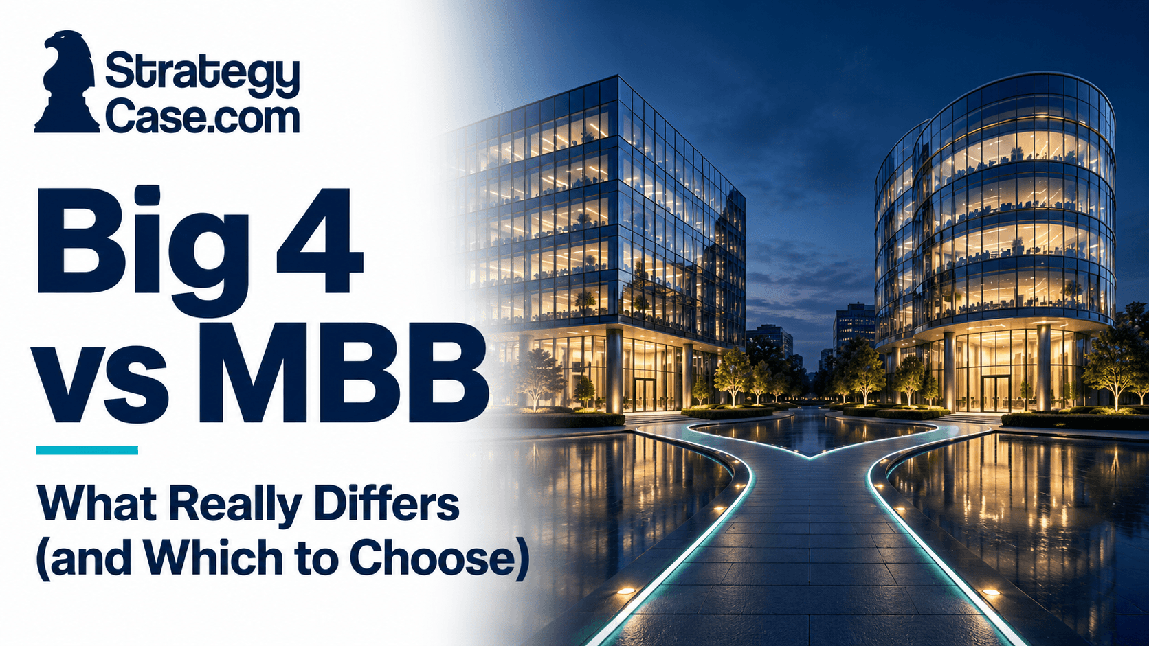 Illuminated path splitting toward two modern office buildings, representing the choice between Big 4 vs MBB consulting careers.