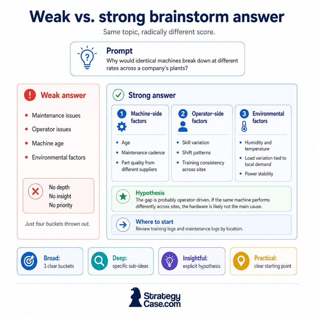 brainstorming-weak-vs-strong-answer Side-by-side infographic comparing a weak and strong case interview brainstorm answer for why identical machines break down at different rates across plants. The weak answer is a flat list of maintenance, operator, machine age, and environmental issues. The strong answer organizes ideas into machine-side, operator-side, and environmental factors, adds a hypothesis that the issue is likely operator-driven, and identifies training and maintenance logs as the starting point.