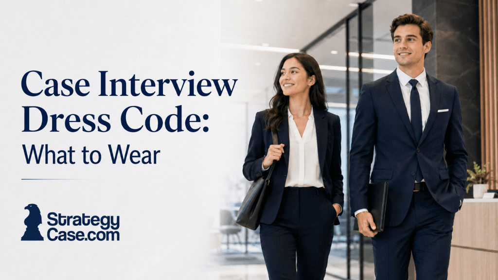 Cover image for “Case Interview Dress Code: What to Wear” showing two professionally dressed candidates in navy business attire walking through a modern office, with the StrategyCase.com logo in the lower-left corner.