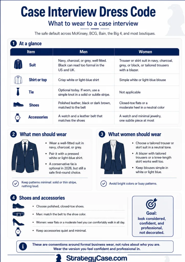 Infographic titled “Case Interview Dress Code: What to Wear” showing a professional dress code cheat sheet for consulting interviews, with guidelines for suits, shirts, ties, shoes, and accessories for men and women, plus visual examples and the StrategyCase.com logo.