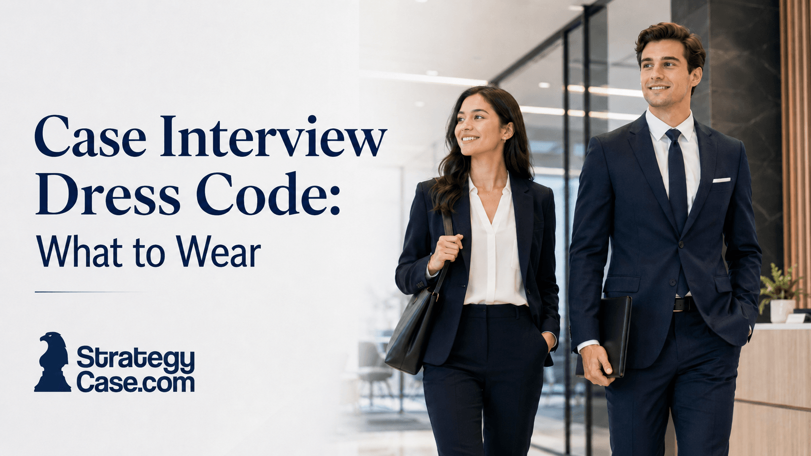 Cover image for “Case Interview Dress Code: What to Wear” showing two professionally dressed candidates in navy business attire walking through a modern office, with the StrategyCase.com logo in the lower-left corner.