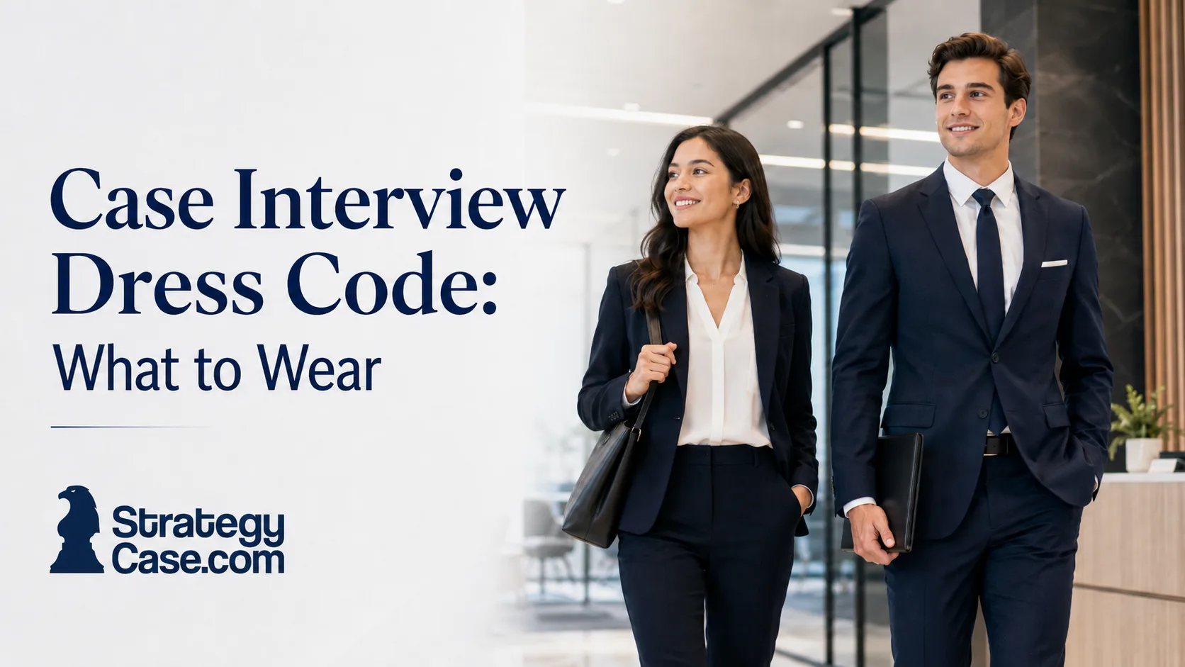 Cover image for “Case Interview Dress Code: What to Wear” showing two professionally dressed candidates in navy business attire walking through a modern office, with the StrategyCase.com logo in the lower-left corner.