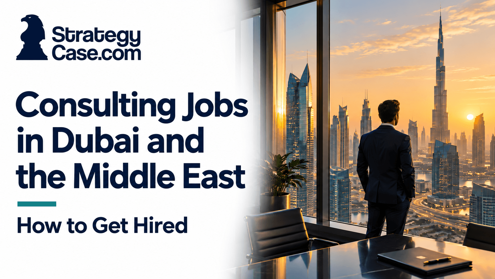 Professional overlooking Dubai’s skyline and Burj Khalifa from a modern office at sunset, illustrating consulting careers in the Middle East. Representative of consulting jobs in Dubai and the Middle East.