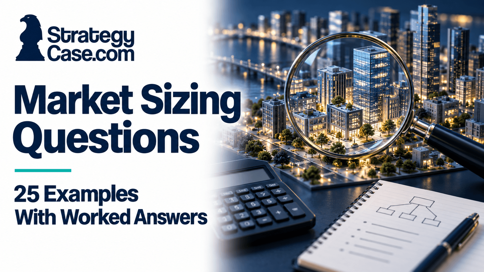 Magnifying glass over a miniature city beside a calculator and notebook, illustrating market sizing questions and worked answers.
