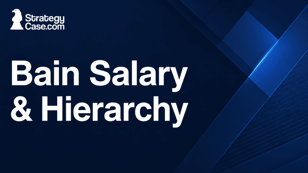 StrategyCase cover image titled “Bain Salary & Hierarchy” on a professional dark blue background.