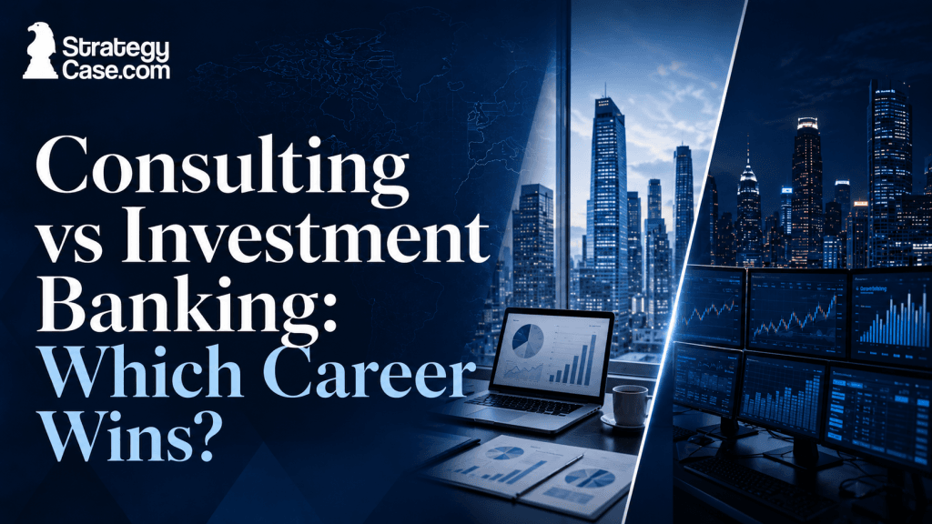 StrategyCase.com cover comparing consulting and investment banking careers, with a consulting workspace and financial trading screens.