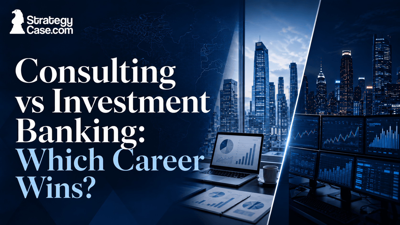 StrategyCase.com cover comparing consulting and investment banking careers, with a consulting workspace and financial trading screens.