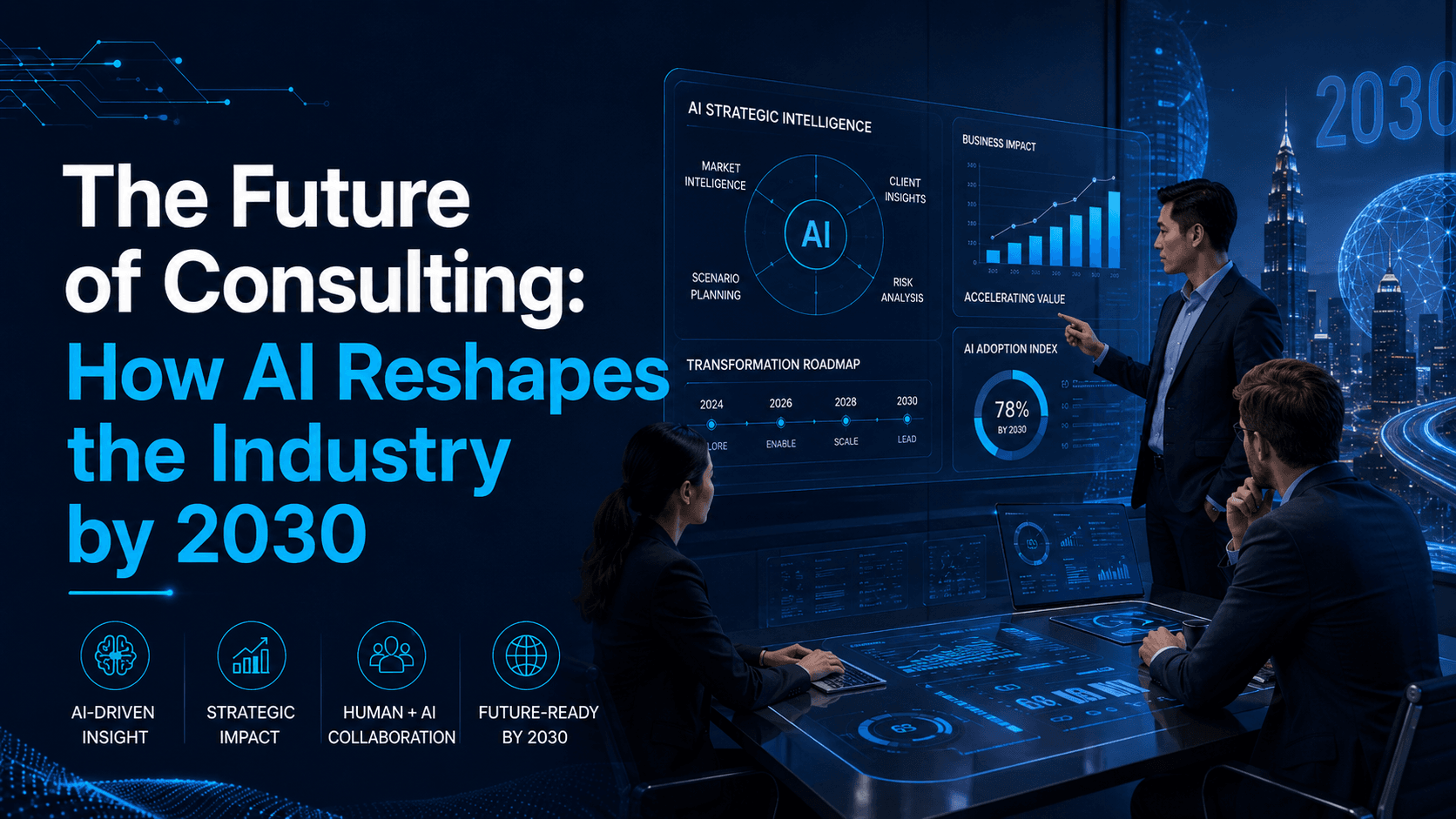 Consultants using AI strategy dashboards to explore the future of consulting by 2030.