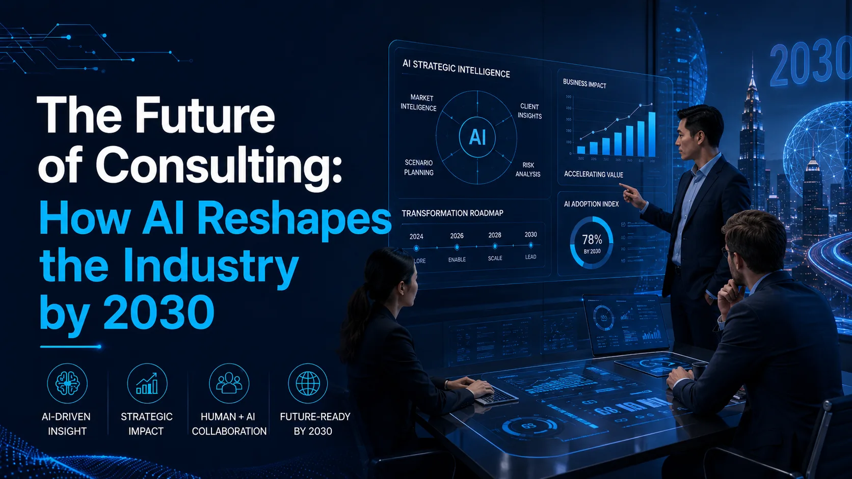 Consultants using AI strategy dashboards to explore the future of consulting by 2030.