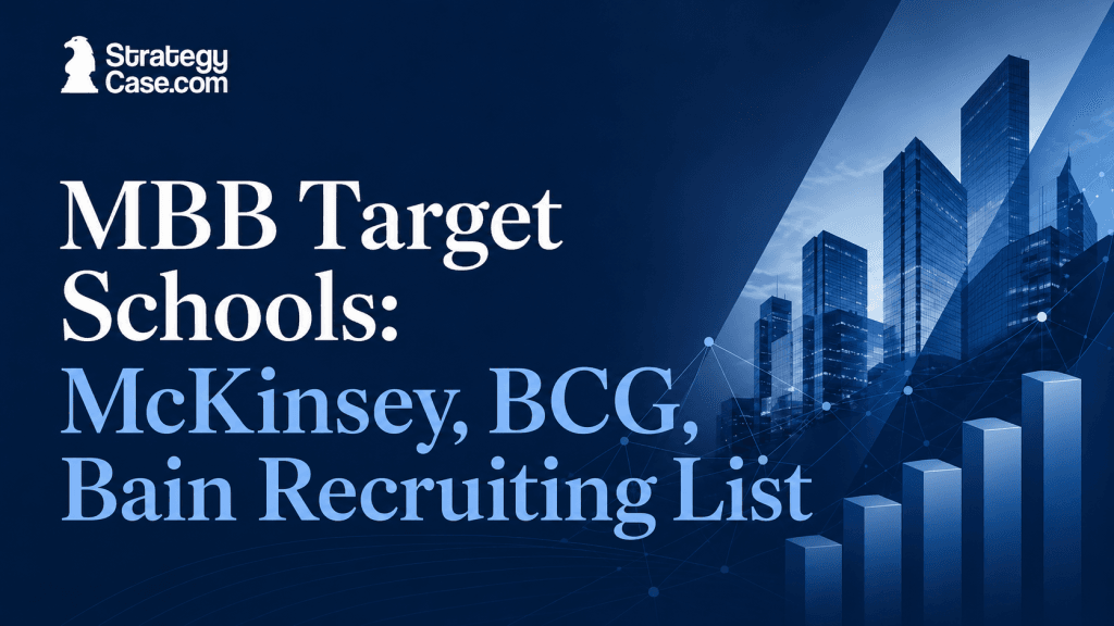 StrategyCase.com cover for the McKinsey, BCG, and Bain target-school recruiting list, with a corporate skyline and rising bar chart.
