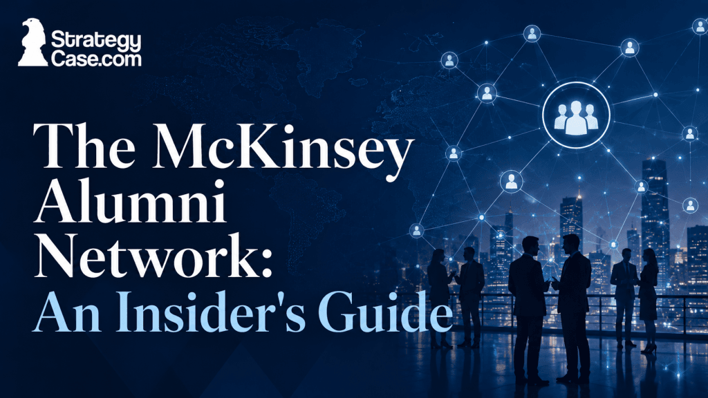 StrategyCase.com cover for an insider’s guide to the McKinsey alumni network, featuring connected professionals against a global city backdrop.