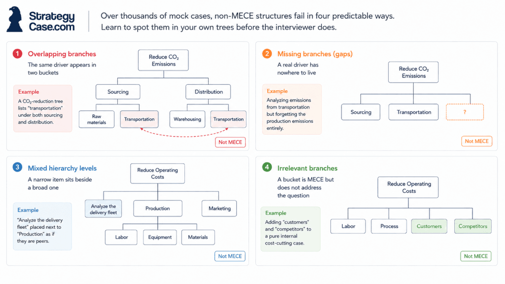 Four-panel infographic showing common MECE structure mistakes in case interviews: overlapping branches, missing branches or gaps, mixed hierarchy levels, and irrelevant branches, each illustrated with a small issue tree and labeled “Not MECE.”