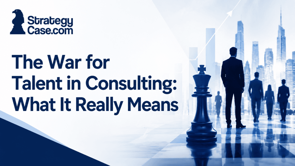 StrategyCase.com cover illustrating the competition for top consulting talent with business professionals, a chess piece, and a city skyline.