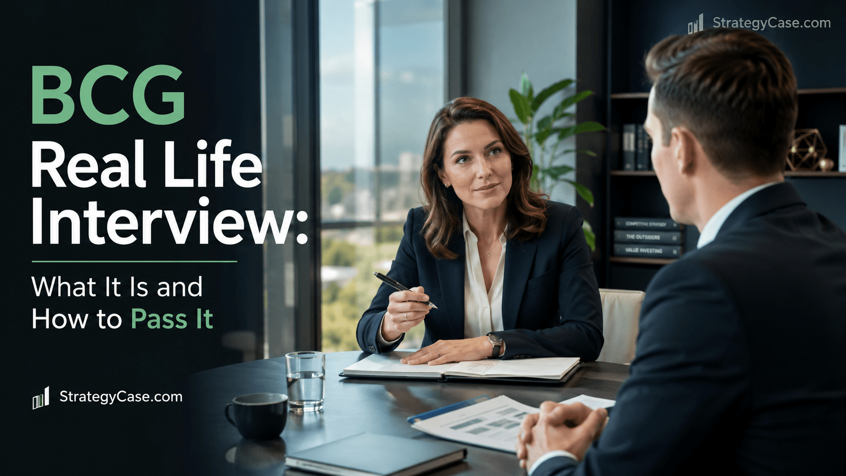 BCG Real Life Interview cover image showing a female interviewer and male candidate in a modern office, with the article title and StrategyCase.com branding.