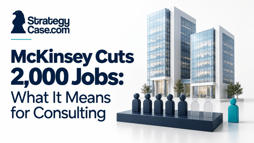 Office towers and employee figures with vacant outlines, illustrating McKinsey’s 2,000 job cuts and consulting restructuring.
