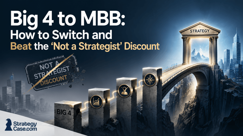 Article cover showing a Big 4 to MBB career transition, with rising stepping stones leading from a Big 4 platform toward a glowing strategy gateway, while a crossed-out “Not a Strategist” discount label symbolizes overcoming the lateral recruiting penalty.
