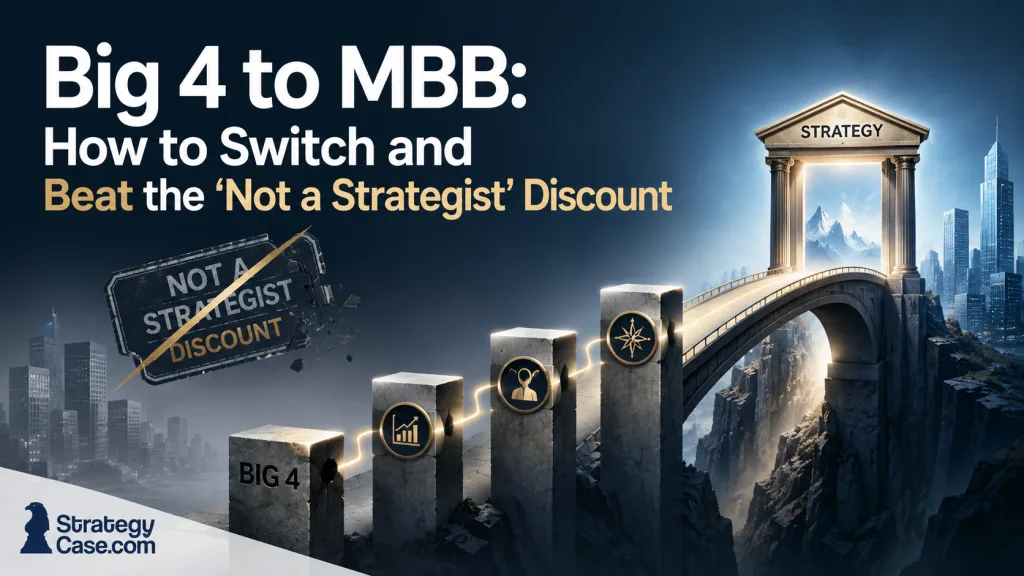 Article cover showing a Big 4 to MBB career transition, with rising stepping stones leading from a Big 4 platform toward a glowing strategy gateway, while a crossed-out “Not a Strategist” discount label symbolizes overcoming the lateral recruiting penalty.