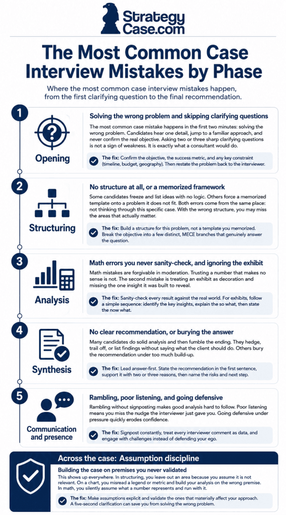 The most common case interview mistakes mapped across the five phases of a case, from opening to recommendation