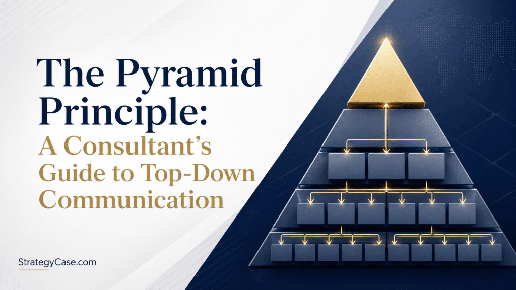 Professional cover image for The Pyramid Principle, showing a top-down communication pyramid with a highlighted gold apex, cascading logic arrows, supporting idea blocks, and the StrategyCase.com logo.