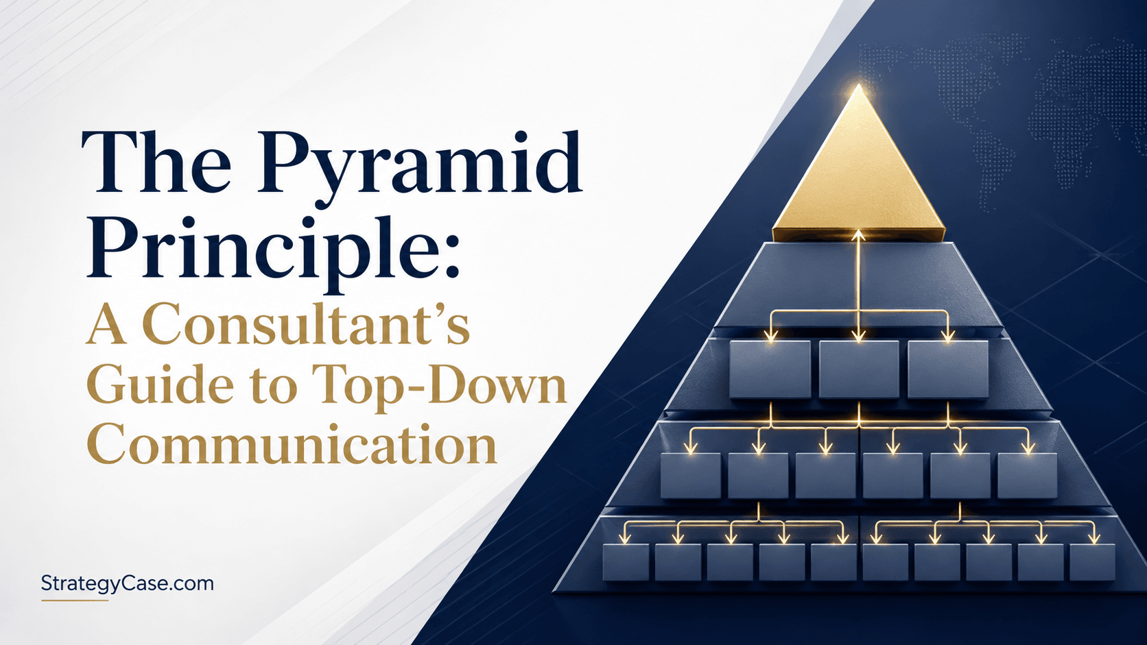 Professional cover image for The Pyramid Principle, showing a top-down communication pyramid with a highlighted gold apex, cascading logic arrows, supporting idea blocks, and the StrategyCase.com logo.