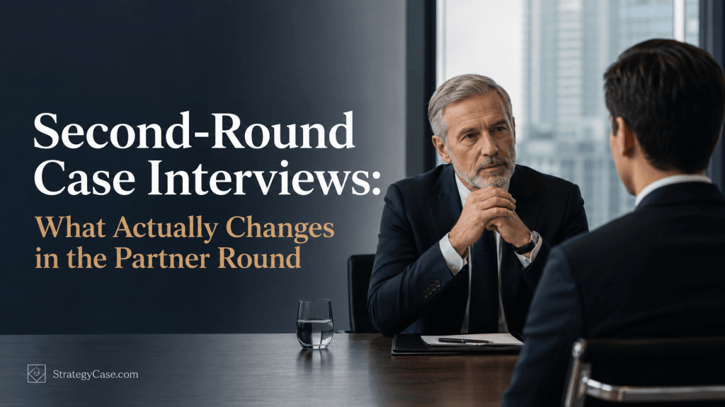 the image is the cover for an article on second-round case interviews with a partner
