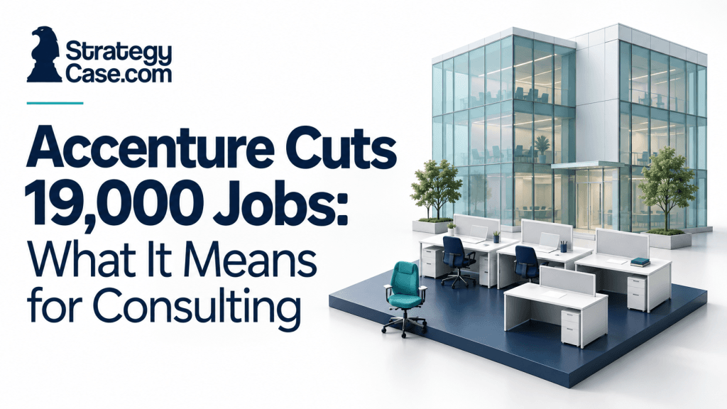 Office building and workstations with missing chairs, illustrating Accenture’s 19,000 job cuts and consulting restructuring.