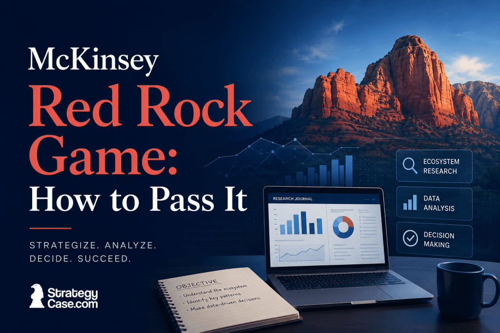 Professional cover image for an article titled “McKinsey Red Rock Game: How to Pass It,” featuring a dark blue corporate design, large title text, red rock canyon scenery, a laptop with data charts, a research journal, and visual labels for ecosystem research, data analysis, and decision-making. The StrategyCase.com logo appears in the bottom left.