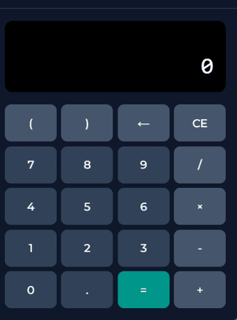 Screenshot from our Red Rock Study game simulation showing the on-screen calculator used in the Analysis stage. The calculator features a dark display panel at the top and a grid of numerical and arithmetic buttons below, including parentheses, basic operators, a clear entry button, and an equals button highlighted in green. The calculator interface is styled in dark blue and teal tones consistent with the Red Rock simulation design.