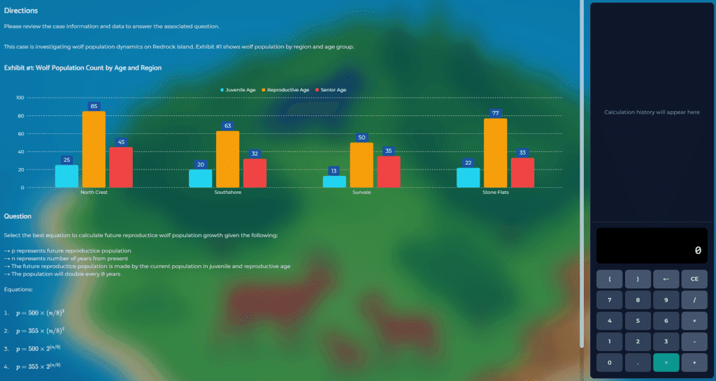 Screenshot from our Red Rock Study game simulation showing a Case section sample question. The Directions panel instructs candidates to review case information and data to answer an associated question. A chart titled “Exhibit #1: Wolf Population Count by Age and Region” displays bar graphs for juvenile, reproductive, and senior age groups across four regions. Below the chart, a question asks candidates to select the correct equation to calculate future reproductive wolf population growth based on given conditions. On the right side of the screen, a calculation panel and on-screen calculator are visible. The interface uses the blue-green Red Rock simulation background.