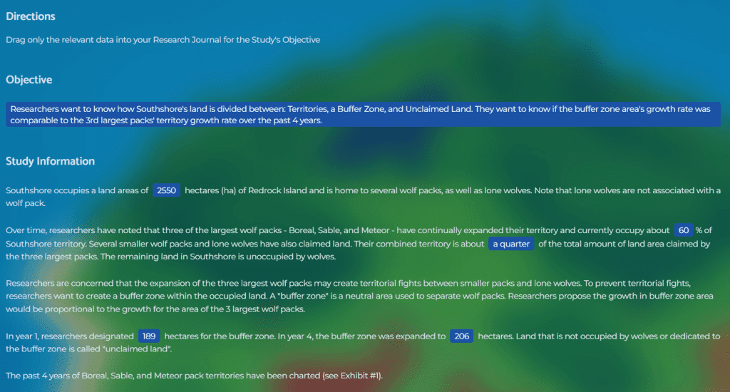 Screenshot of the Red Rock Study game Investigation stage showing the Directions, Objective, and Study Information panels. The Objective states that researchers want to understand how Southshore’s land is divided between Territories, a Buffer Zone, and Unclaimed Land, and whether the buffer zone’s growth rate matches the third-largest wolf pack’s territory growth over four years. The Study Information section provides data on Southshore’s total land area, wolf pack territorial distribution, proportions of land claimed, buffer zone sizes in year one and year four, and references to a chart of pack territory growth. Blue-highlighted numerical data points appear throughout the text.