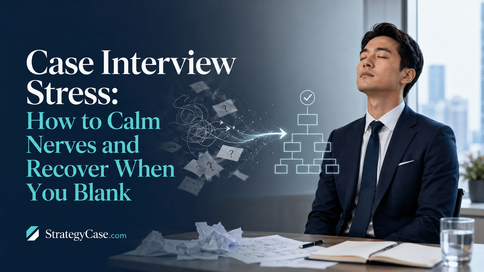 Case interview candidate taking a calming breath in a modern office, with scattered notes transforming into a clear structured framework beside the title “Case Interview Stress: How to Calm Nerves and Recover When You Blank.”