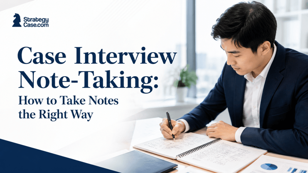 Candidate taking structured notes during case interview preparation, illustrating how to approach case interview note-taking the right way.