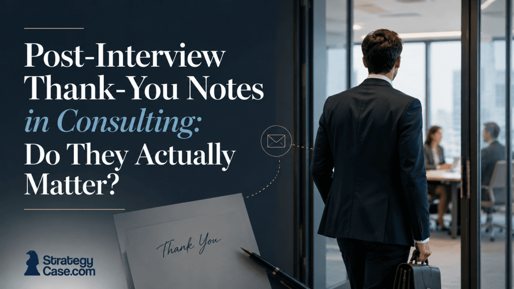 Cover image for an article on post-interview thank-you notes in consulting, showing a suited candidate walking toward a consulting interview room with a handwritten thank-you note, envelope icon, and StrategyCase.com logo.