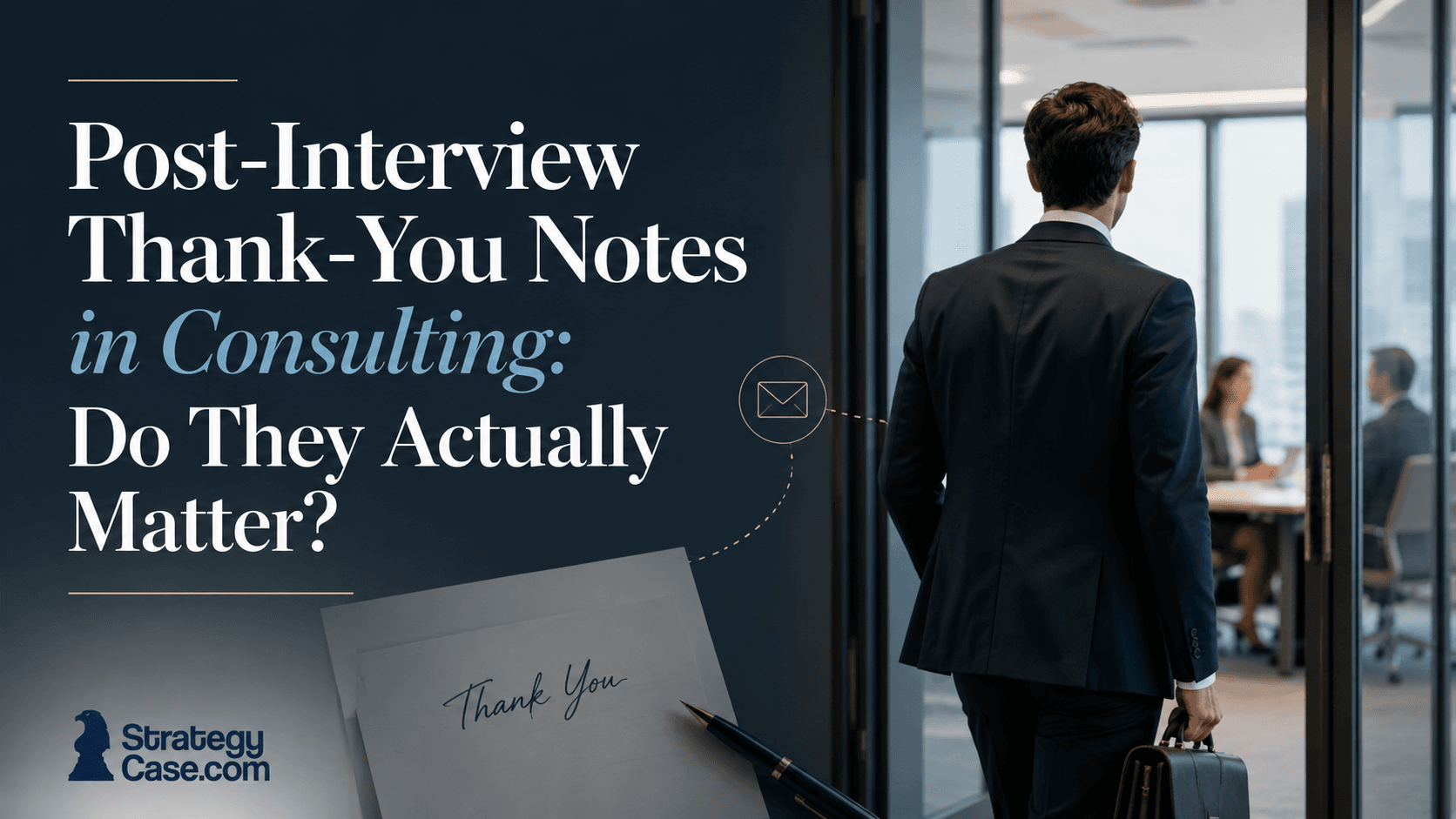 Cover image for an article on post-interview thank-you notes in consulting, showing a suited candidate walking toward a consulting interview room with a handwritten thank-you note, envelope icon, and StrategyCase.com logo.