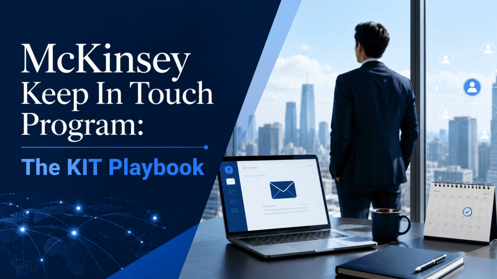 Cover image for “McKinsey Keep In Touch Program: The KIT Playbook,” showing a consultant overlooking a city skyline beside a laptop, calendar, and networking visuals that symbolize candidate follow-up, recruiter communication, and staying connected with McKinsey.