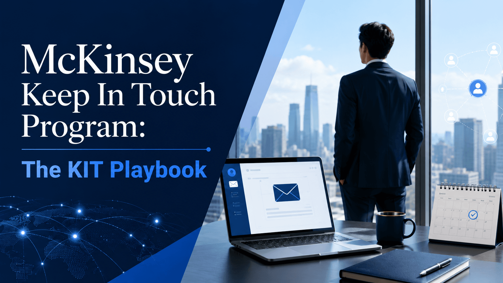 Cover image for “McKinsey Keep In Touch Program: The KIT Playbook,” showing a consultant overlooking a city skyline beside a laptop, calendar, and networking visuals that symbolize candidate follow-up, recruiter communication, and staying connected with McKinsey.
