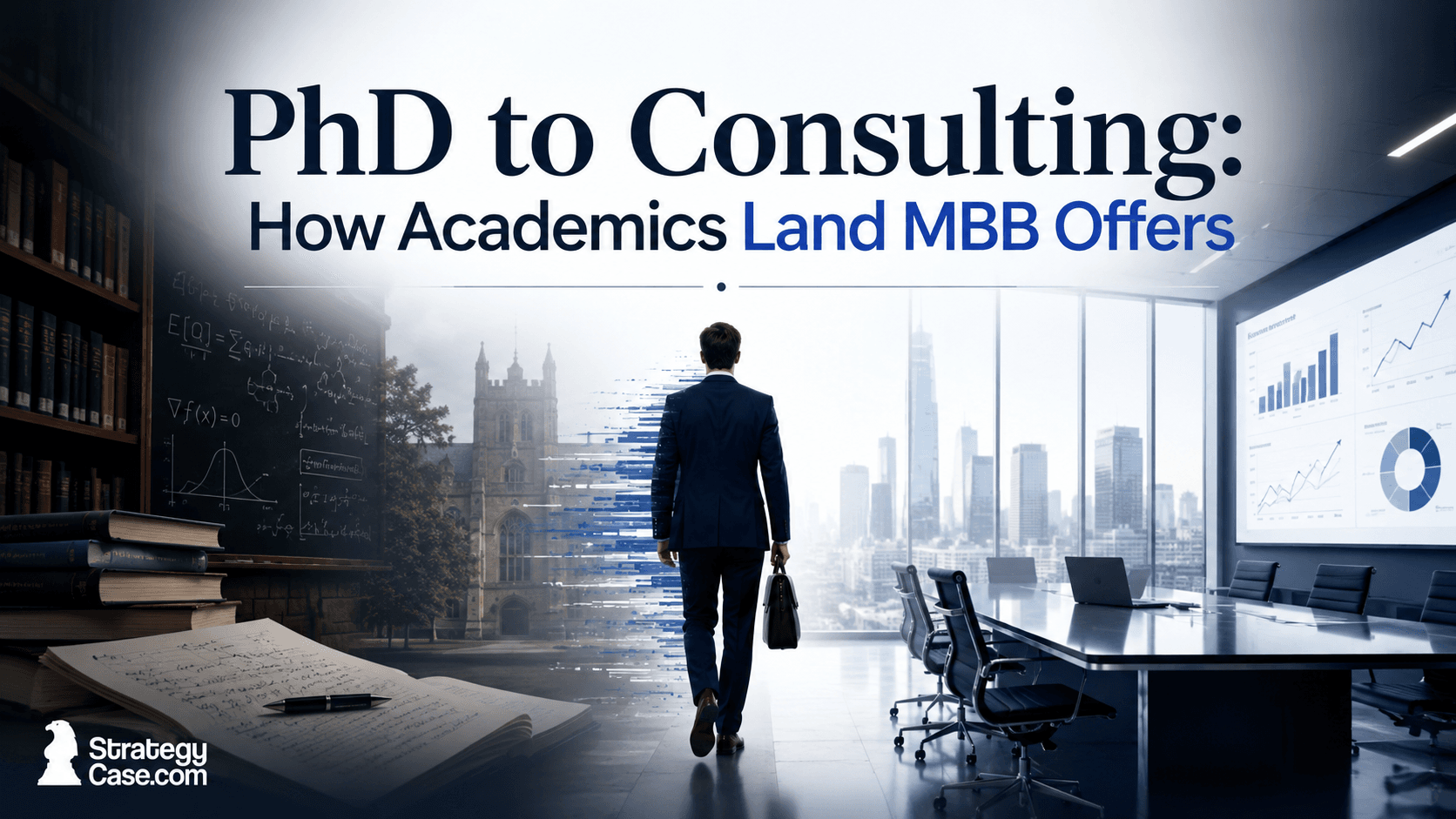 Cover image for “PhD to Consulting: How Academics Land MBB Offers,” showing a suited professional walking from an academic setting with books, notes, and formulas into a modern consulting boardroom with charts, slides, and a city skyline.
