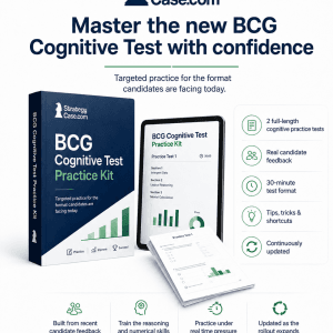 Product image for the StrategyCase.com BCG Cognitive Test Practice Kit, showing a digital test prep package with two full-length cognitive practice tests, real candidate feedback, a 30-minute test format, tips and shortcuts, and continuously updated content.