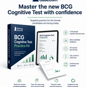 Product image for the StrategyCase.com BCG Cognitive Test Practice Kit, showing a digital test prep package with two full-length cognitive practice tests, real candidate feedback, a 30-minute test format, tips and shortcuts, and continuously updated content.