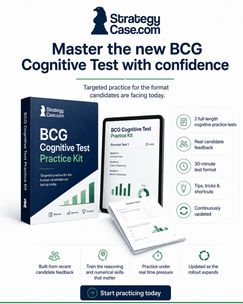 bcg-cognitive-test-practice-kit Product image for the StrategyCase.com BCG Cognitive Test Practice Kit, showing a digital test prep package with two full-length cognitive practice tests, real candidate feedback, a 30-minute test format, tips and shortcuts, and continuously updated content.