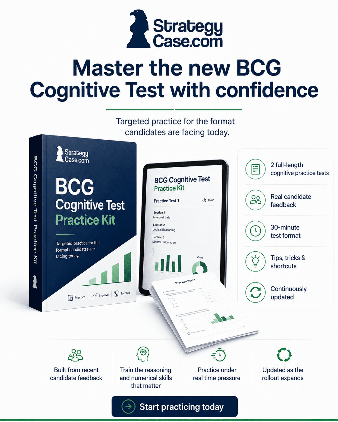Product image for the StrategyCase.com BCG Cognitive Test Practice Kit, showing a digital test prep package with two full-length cognitive practice tests, real candidate feedback, a 30-minute test format, tips and shortcuts, and continuously updated content.