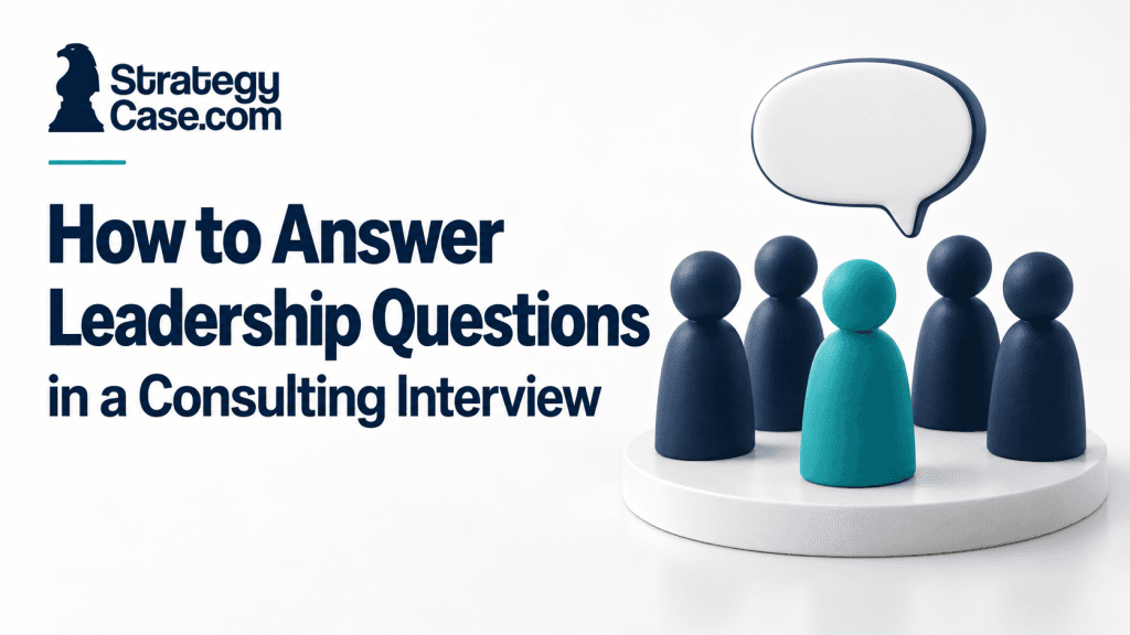 Five figures beneath a speech bubble, illustrating teamwork and leadership questions in consulting interviews.