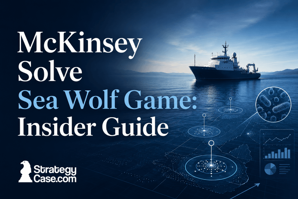 Professional cover image for an article titled “McKinsey Solve Sea Wolf Game: Insider Guide,” featuring a dark blue ocean scene with a research vessel, data overlays, mapped ocean sites, microbial visuals, and analytics charts. The design suggests ocean treatment, multi-site analysis, and constraint-based problem-solving. The StrategyCase.com logo appears in the bottom left.