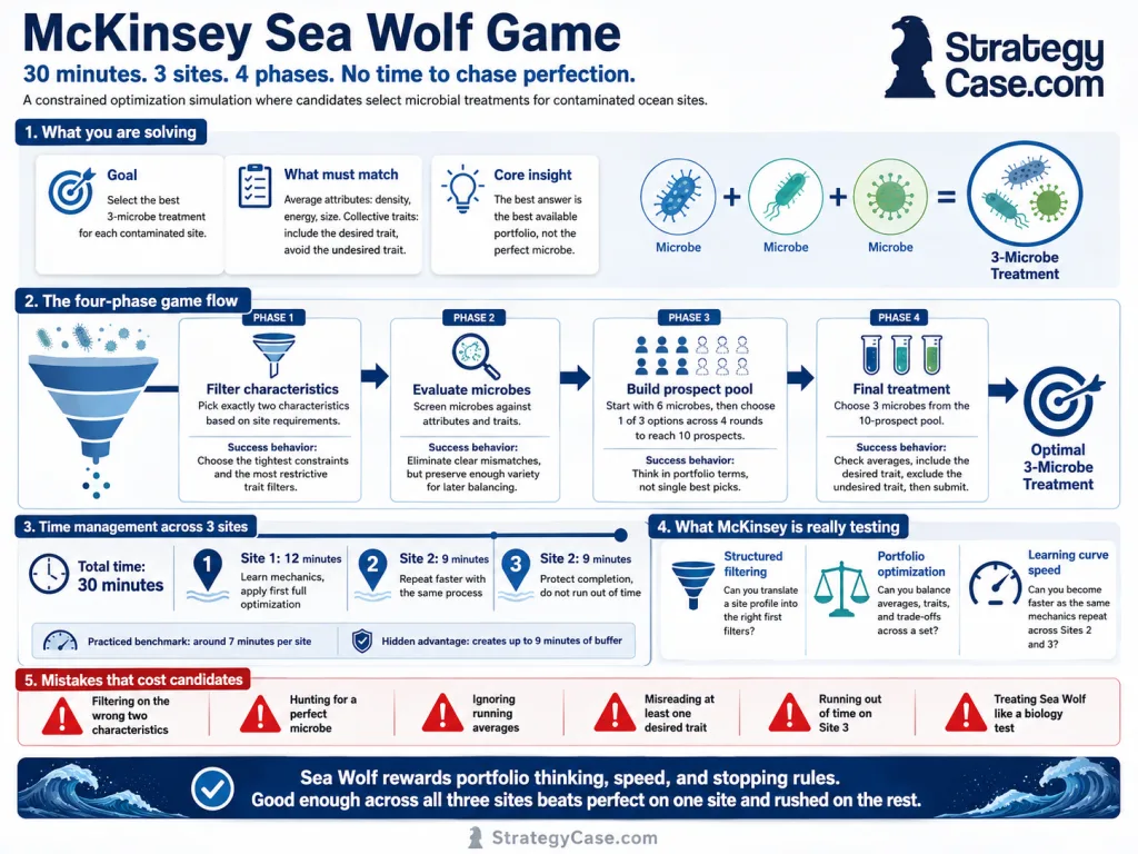 Professional infographic titled “McKinsey Sea Wolf Game,” explaining the 30-minute optimization module within the McKinsey Solve assessment. The visual shows that candidates must solve three contaminated ocean sites across four phases: filtering characteristics, evaluating microbes, building a prospect pool, and selecting a final three-microbe treatment. It highlights the goal of matching average attributes and collective traits, managing time across three sites, and thinking in portfolios rather than searching for a perfect microbe. The infographic also lists common mistakes such as choosing the wrong filters, ignoring running averages, misreading the desired trait requirement, running out of time on Site 3, and treating Sea Wolf like a biology test. The StrategyCase.com logo appears in the top right.