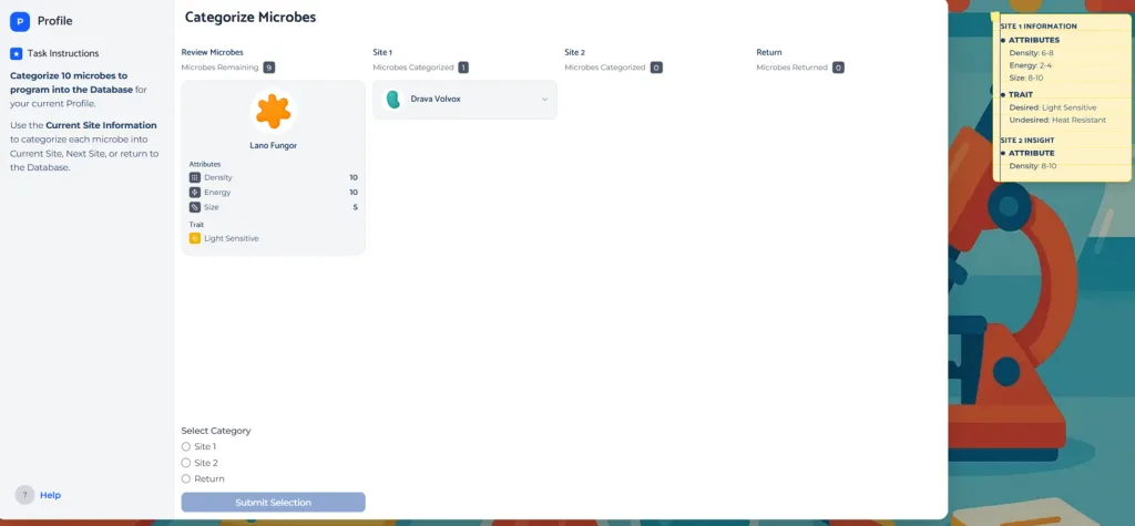 Screenshot from our Sea Wolf game simulation showing Stage 2 of the assessment. The interface displays a “Categorize Microbes” task screen where candidates review a microbe profile card labeled “Lano Fungor” with listed attributes such as density, energy, size, and light sensitivity. Instruction panels on the left guide candidates to categorize microbes into designated database sets. A selection area in the center shows category slots for organizing microbes, along with dropdown menus and a submit button. The background retains the laboratory-style Sea Wolf simulation environment with scientific equipment visuals.