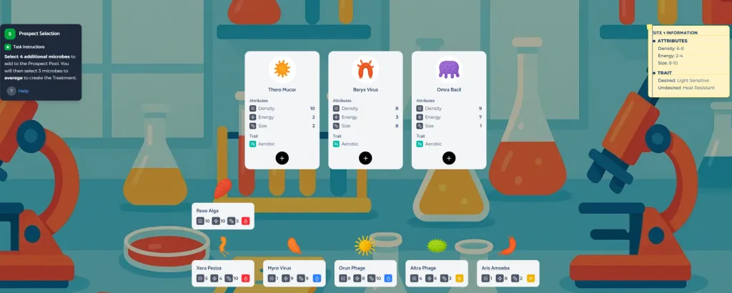 Screenshot from our Sea Wolf game simulation showing Stage 3 of the assessment. The interface displays a laboratory environment with microscopes, test tubes, and scientific equipment in the background. In the center, three selectable treatment cards are shown with icons and attribute indicators representing treatment properties. Along the bottom, additional candidate treatments are displayed in a horizontal selection bar. On the left, a “Prospect Selection” instruction panel explains the task, while on the right, a “Case Information” panel summarizes scenario details and objectives. The screen represents the decision-making stage where candidates compare treatment options based on defined attributes.