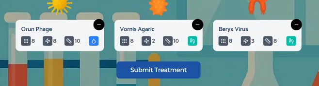Screenshot from our Sea Wolf game simulation showing the final stage of the assessment. The interface displays three treatment options labeled Orun Phage, Vornis Agaric, and Beryx Virus, each with associated numerical indicators representing effectiveness metrics and resource requirements. A “Submit Treatment” button appears below the options, indicating the final decision point of the Sea Wolf game. The background features a laboratory-style environment consistent with the Sea Wolf simulation design.