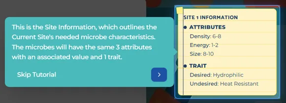 Screenshot from our Sea Wolf game simulation showing Stage 1 site information guidance. A tutorial pop-up explains that the Site Information outlines the current site’s required microbe characteristics and that microbes with matching attributes and one associated trait should be selected. On the right, a yellow “Site 1 Information” panel lists target attribute ranges for density, energy, and size, as well as desired and undesired traits, specifically hydrophilic as desired and heat resistant as undesired. The interface sits within the laboratory-themed Sea Wolf simulation environment.